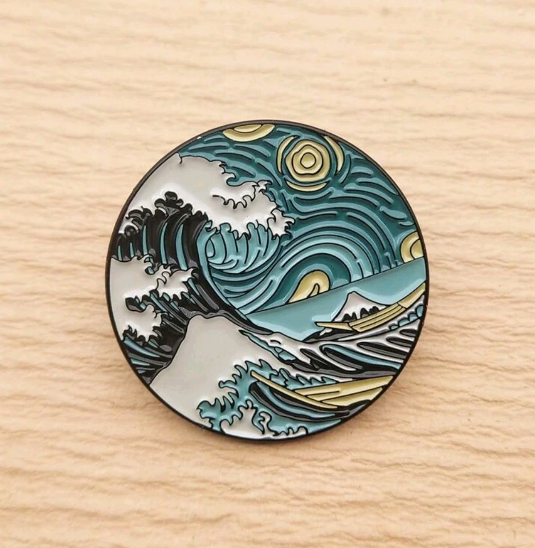 Pin Poseidon - Broche onda de Kanagawa e noite estrelada